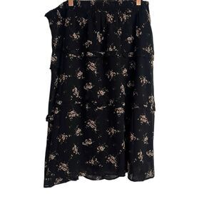 Allegra K NWOT Floral Smocked Waist Knee Length Ruffle Tiered Skirt Black XL